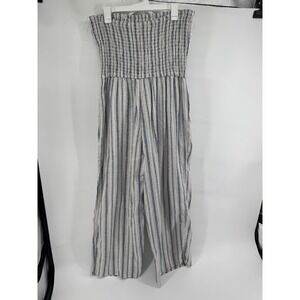 Boho Coastal Casual 2X Blue White Striped Smocked Strapless Wide Leg Jumpsuit